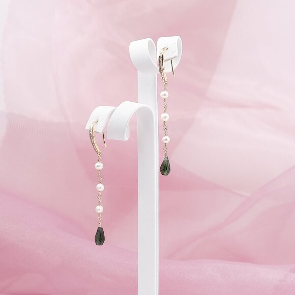 Tourmaline & Pearl Dangle Earrings, Dainty Handmade Earrings - Picture 4 of 9